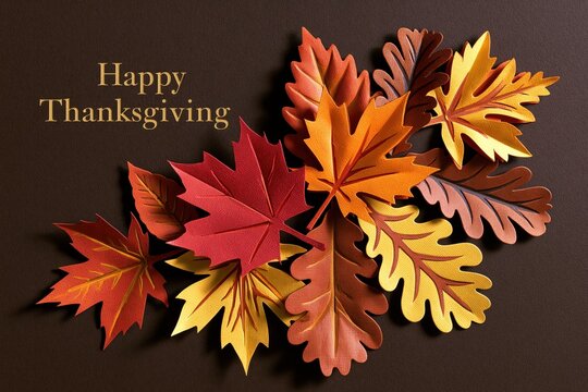 Modern Paper Cut Autumn Leaves Frame with Happy Thanksgiving Typography on Elegant Brown Background