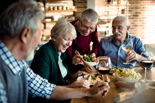 Senior friends sharing dinner and wine at home