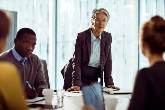 Senior businesswoman leading team meeting in modern office