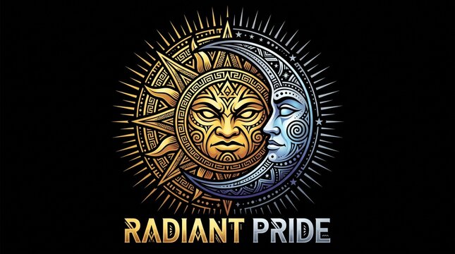 Radiant Pride vector illustration of a metallic Aztec sun and moon face, intricate Mesoamerican cultural symbol for print on demand design.