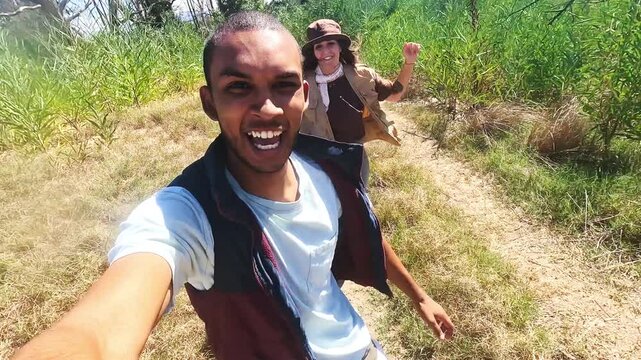 Running, vlogging and live streaming with couple, joke and eco travel adventure in Vietnam. Prank, funny influencer and streamer on organic, outdoor and NGO farm with volunteer of vlogger in nature