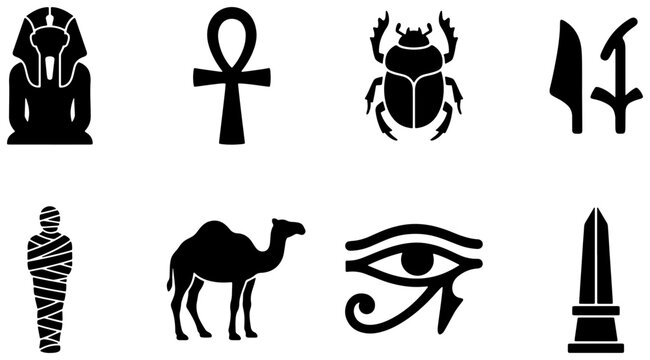 Ancient Egyptian Icons Set: Pharaoh, Ankh, Scarab, Hieroglyphs, Mummy, Camel, Eye of Horus, Obelisk Vector Graphics