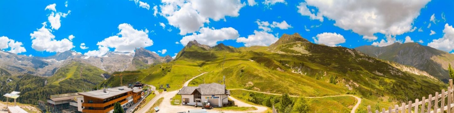 High resolution stitched alpine summer panorama at Hintertuxer Gletscher glacier, Hintertux, Tuxertal valley, Schwaz, Zell am Ziller, Tyrol, Austria