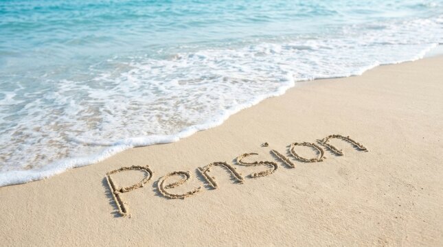 Pension written in sand on a beach. Retirement planning concept with ocean waves.