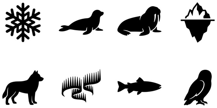 Arctic Wildlife Icons, Winter Nature Symbols, Cold Climate Animals, Snowflake, Aurora Borealis, Iceberg, Seal, Walrus, Wolf, Fish, Owl Vector Graphics