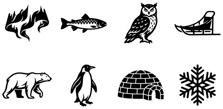 Arctic Wildlife and Winter Icons: Polar Bear, Penguin, Owl, Fish, Igloo, Sled, Snowflake, and Fire Elements