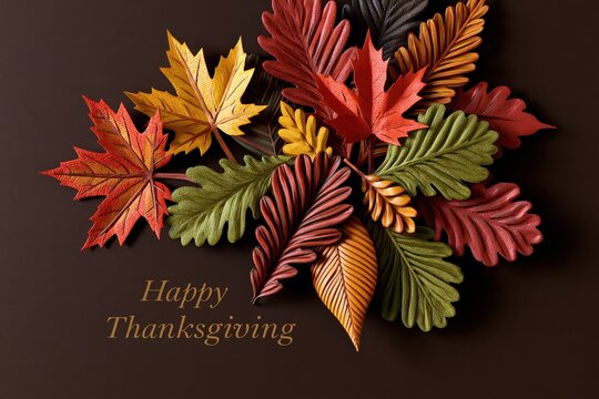 Modern Paper Cut Autumn Leaves Frame with Happy Thanksgiving Typography on Elegant Brown Background