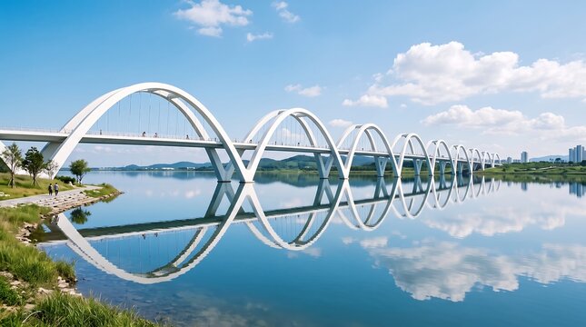 Panoramic White Modular Arches spanning Reflective Blue Water