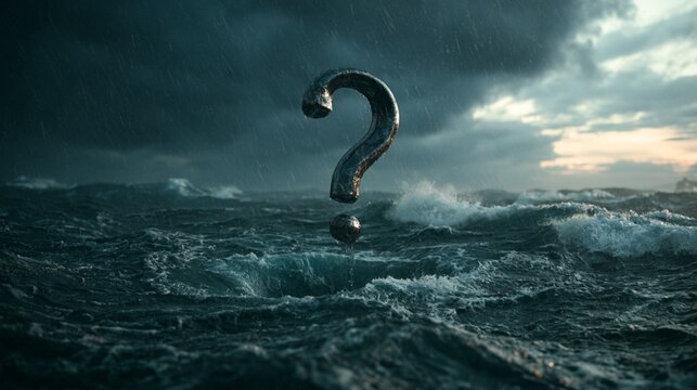 the middle of a stormy ocean with big waves, a whirlpool, and dark clouds. heavy rain. a giant, shiny metallic chrome question mark floats just above the surface of the sea, reflecting the sky and the