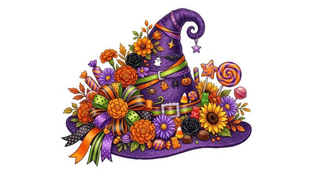 A festive purple witch hat decorated with vibrant autumn flowers and fall leaves isolated on a white background for a creative halloween design