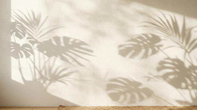 Light shines through plant leaves, casting shadows on a wall in a room. The scene shows textures and shapes created by the light. This happens during the day