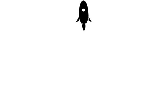 Black rocket silhouette ascends vertically through white space in a minimalist cartoon animation style representing space exploration concepts.