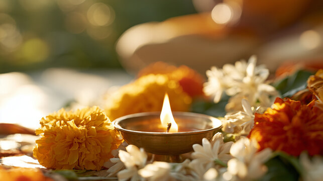 Traditional Brass Diya Lamp Glowing Amidst Vibrant Floral Decorations for Mahalaya Amavasya
