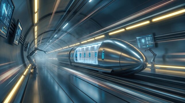 Futuristic High Speed Hyperloop Train Pod in Underground Tunnel