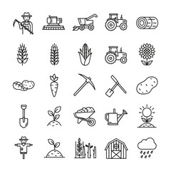 Fototapeta premium Farming Icons: Agriculture, Harvest, Tractor, Farmer, Crops, Tools, Barn