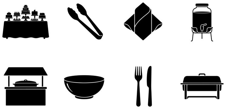 Buffet Catering Icons Set, Food Service Equipment Vector Graphics, Event Dining Essentials Collection
