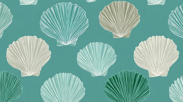 Seamless hand drawn scallop shell repeating pattern on muted teal background, soft coastal nautical calm aesthetic for textile print, wallpaper, packaging, summer marine stationery 