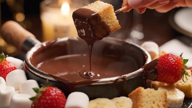 Hand dipping cake into rich chocolate fondue with strawberries and marshmallows.