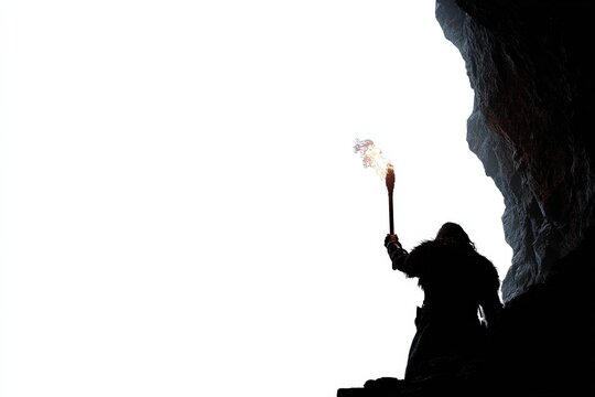 A lone figure holds a flaming torch, emerging from the darkness of a cave into the bright, stark light of the unknown.
