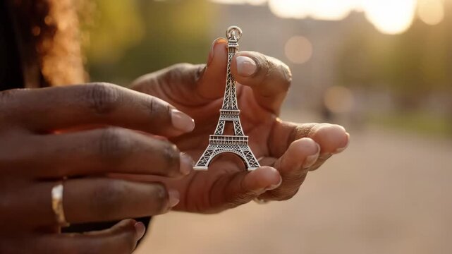 Hands holding a sparkling miniature Eiffel Tower at golden hour, symbolizing travel.