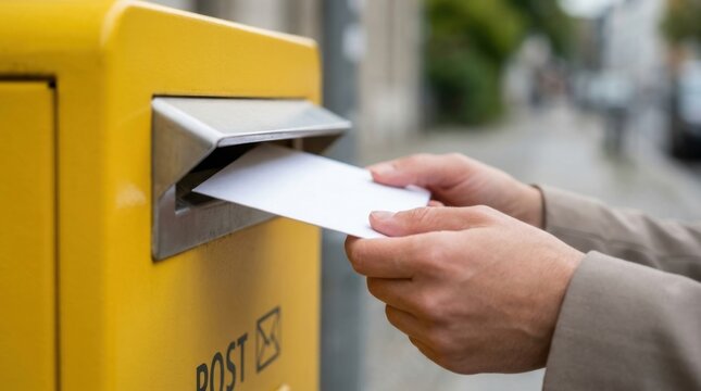 Person mailing a letter in a yellow mailbox. Sending a document via postal service.
