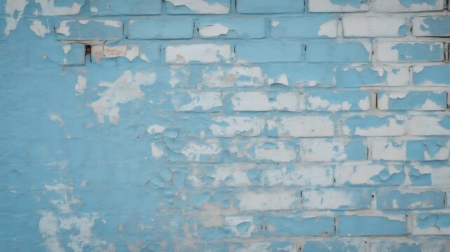Distressed blue and white painted brick wall texture with peeling paint showing grunge architectural details and rustic urban surface pattern