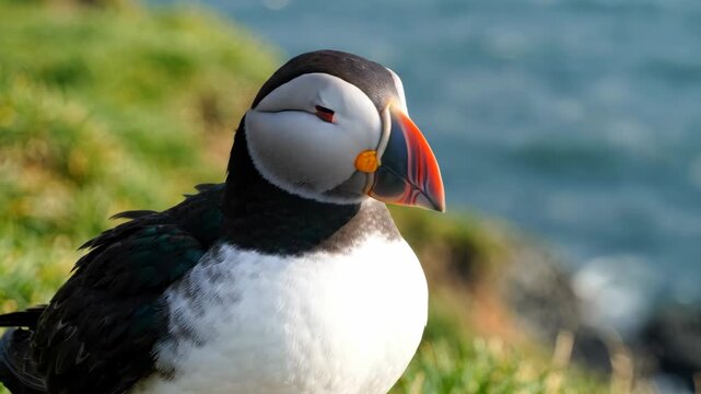 Close-up of a colorful Atlantic Puffin on a grassy cliff overlooking the sea.
