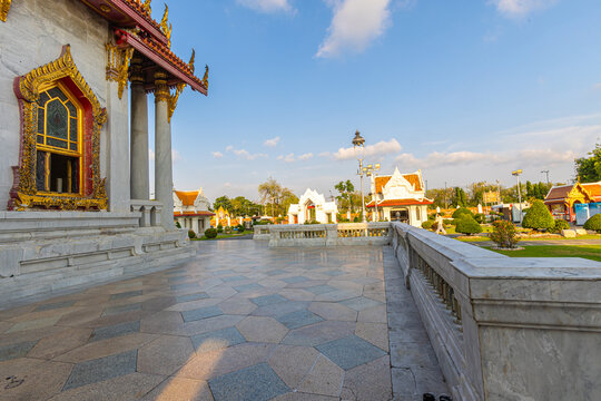 Wat Benchamabophit, also known as the Marble Temple sunset light blue sky
