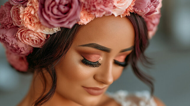 Bride with flower crown and glitter makeup looking down wedding day portrait headpiece