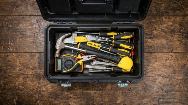 Open toolbox with assorted hand tools for repair and maintenance. Essential equipment for DIY projects, construction, and home improvement tasks.