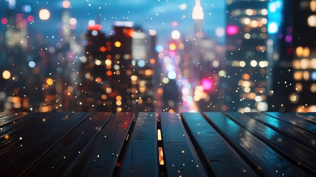 Wooden balcony overlooking a blurred city skyline at night