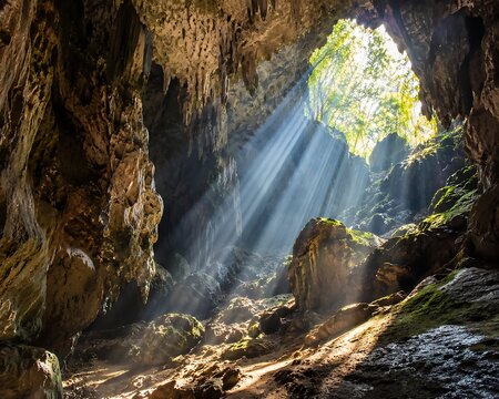 Sun rays entering through a cave opening