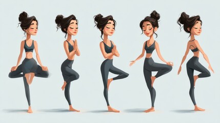 Fototapeta premium Animated character showcasing yoga poses on a minimalist background