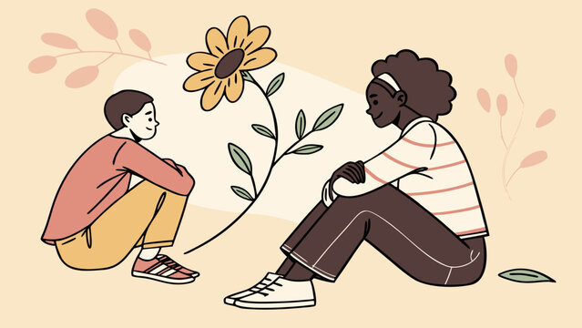 Two people sitting together with blooming flower between them vector illustration for World Mental Health Day concept on light beige background