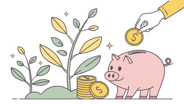 Hand inserting coin into pink piggy bank next to growing money plant and stacked gold coins vector illustration for World Savings Day concept