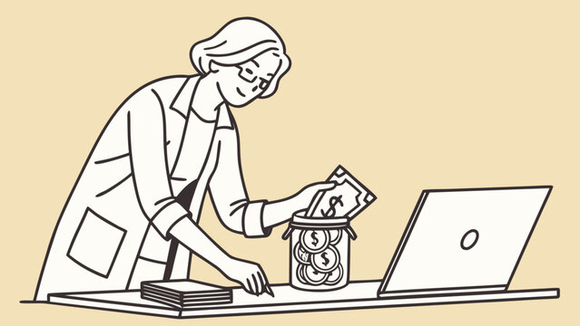 Woman putting cash money bill into savings glass jar at office desk with laptop vector illustration for World Savings Day on beige background