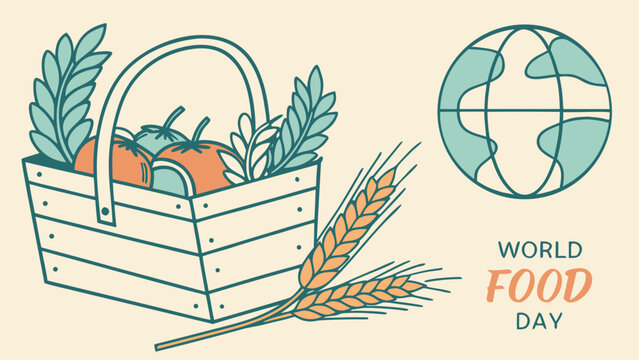 Wooden basket with fresh vegetables wheat ears and globe vector illustration for World Food Day concept banner on light beige background