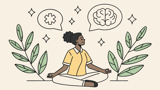 Woman meditating in lotus position with brain and health symbols vector illustration for World Mental Health Day on light beige background