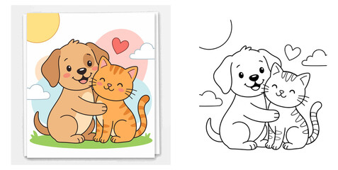 Cute cartoon dog and cat hugging vector illustration with coloring page black and white line art set for kids coloring book activity