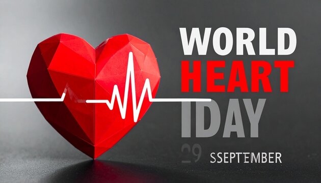 Geometric red heart with ECG line, World Heart Day poster.