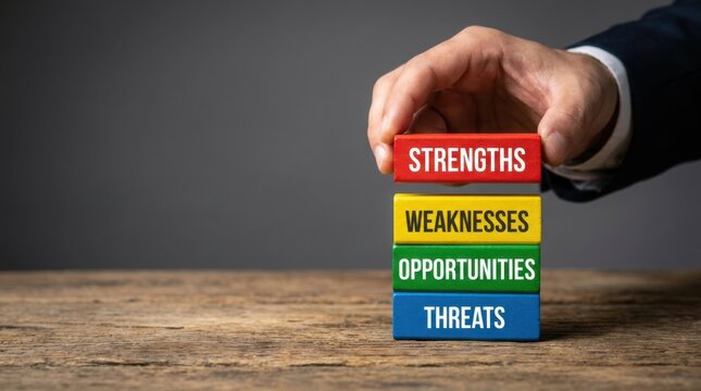 Hand placing SWOT block on stack. Business strategy concept for corporate analysis.