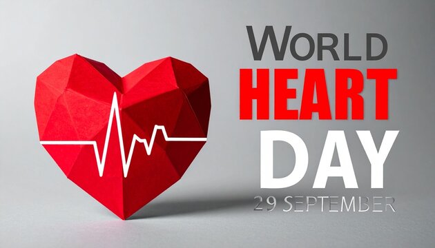 Geometric red heart with ECG line, World Heart Day poster.