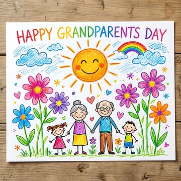 A colorful crayon drawing for happy grandparents day featuring a smiling family of grandparents and grandchildren surrounded by flowers and a sun
