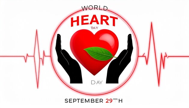 Hands holding red heart with leaf and ECG line, World Heart Day poster.