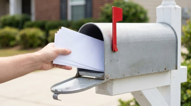 Hand placing envelopes in mailbox. Person delivering mail into a residential post box.