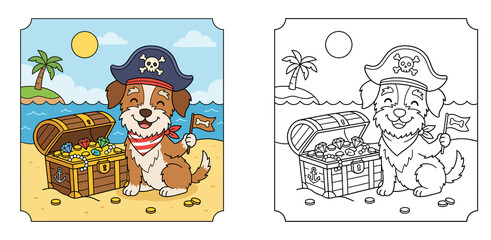 Cute Pirate Dog with Treasure Chest Vector Illustration and Coloring Book Page for Kids on Tropical Beach Background (123 characters)