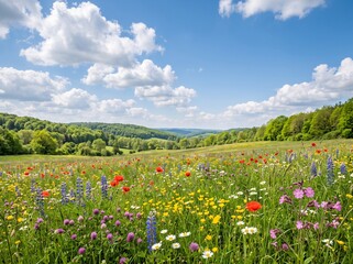 Obraz premium Vibrant summer meadow with blooming wildflowers under a blue sky with fluffy white clouds
