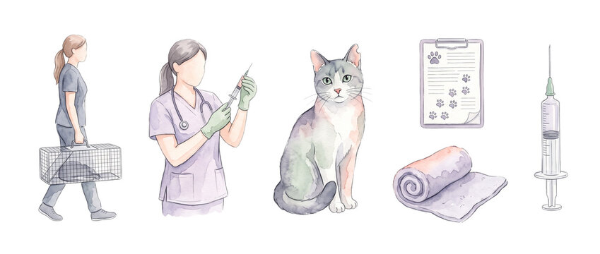 Veterinary cat clinic care watercolor set for animal rescue, trap neuter return TNR procedure elements, doctor holding syringe, cat in cage trap, medical chart, pet vaccination illustration isolated