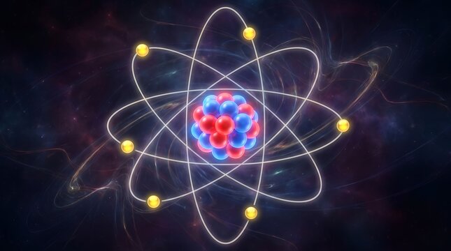 Quantum Physics Atom Model with Nucleus and Orbiting Electrons Representing Science Research and Nuclear Energy