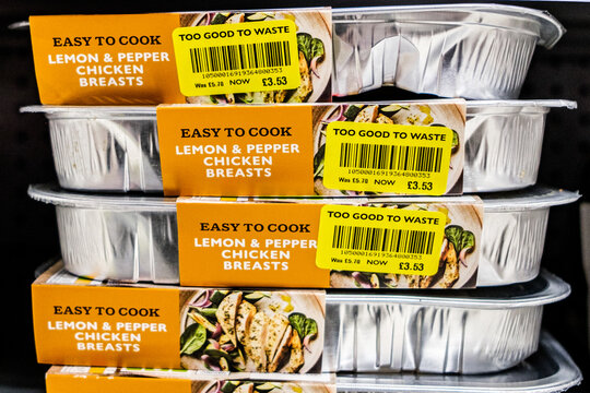 A Close-Up Shot Of Waitrose Easy To Cook Lemon And Pepper Chicken Breasts On A Supermarket Shelf, Featuring Yellow 'Too Good To waste' Price Reduction Labels And A Barcode